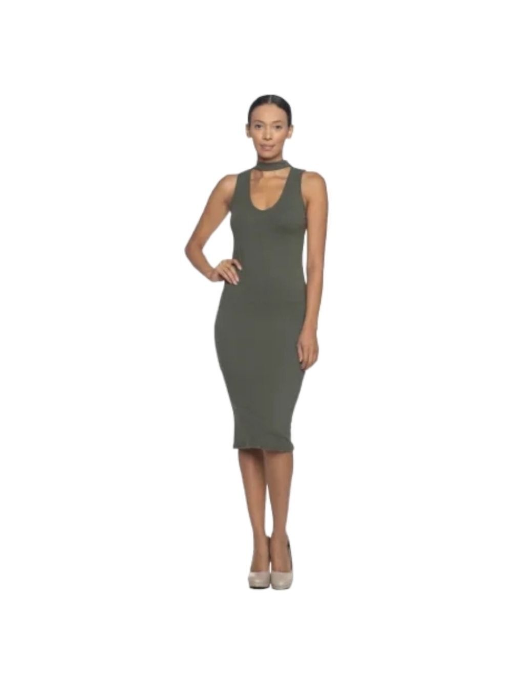 Capella | Bodycon Jersey Knit Midi Dress | Sleeveless Choker | Olive Green - Picture 2 of 3